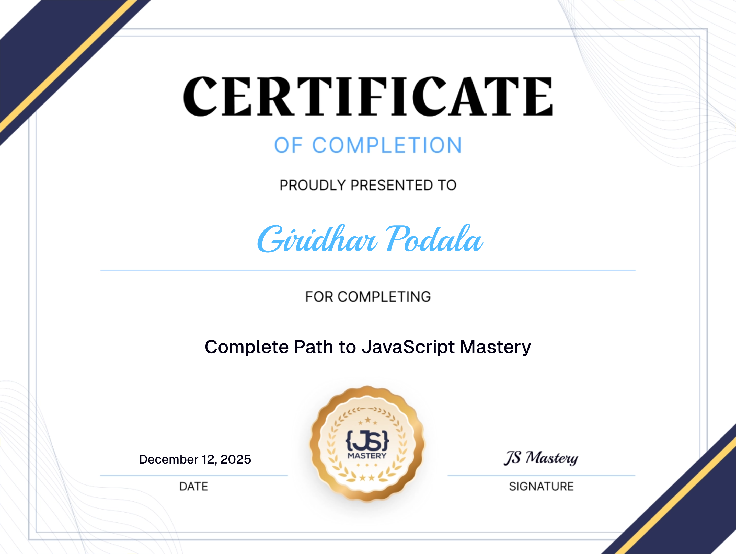 Certificate of Completion: Complete Path to JavaScript Mastery Completion