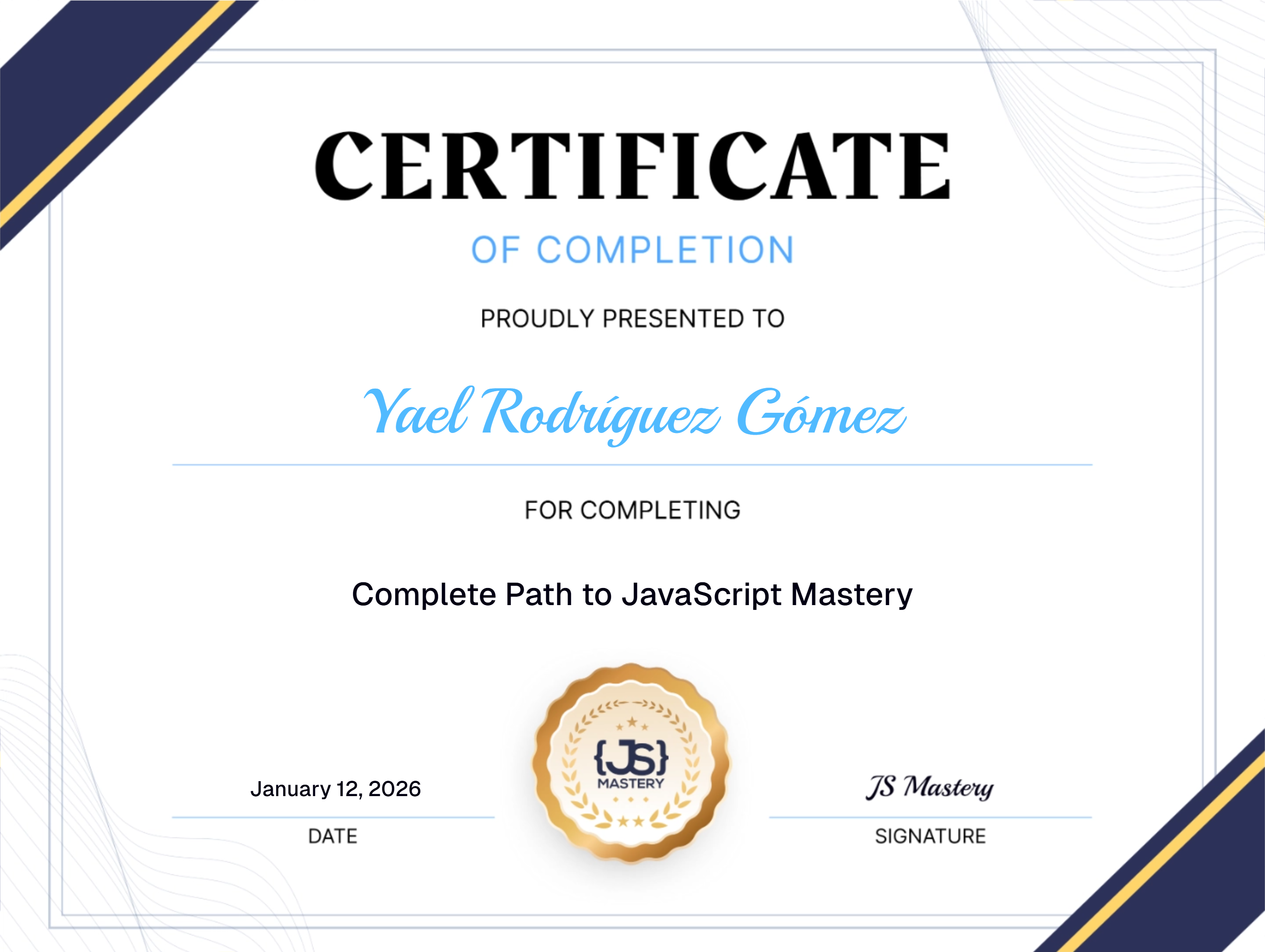 Certificate of Completion: Complete Path to JavaScript Mastery Completion